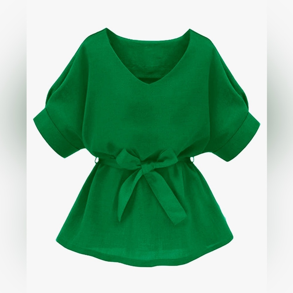 Short Sleeve Green Blouse with Tie Waste (NWOT)